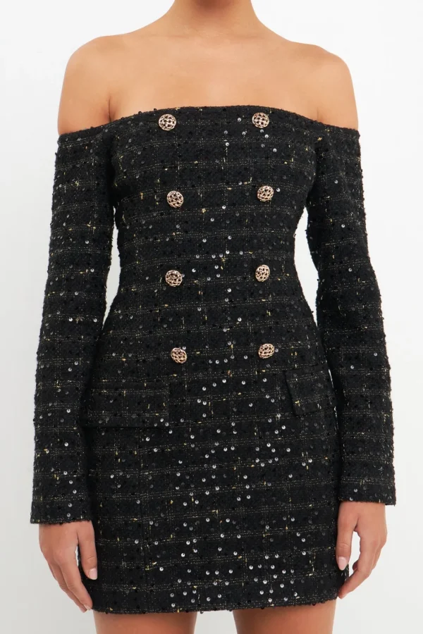 ENDLESS ROSE Tweed Dresses | Tops*- Off-The-Shoulder Tweed Mini Dress BLACK