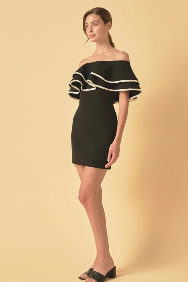 ENDLESS ROSE Sweaters & Knits | Tops*- Off-The-Shoulder Ruffle Mini Dress BLACK/WHITE