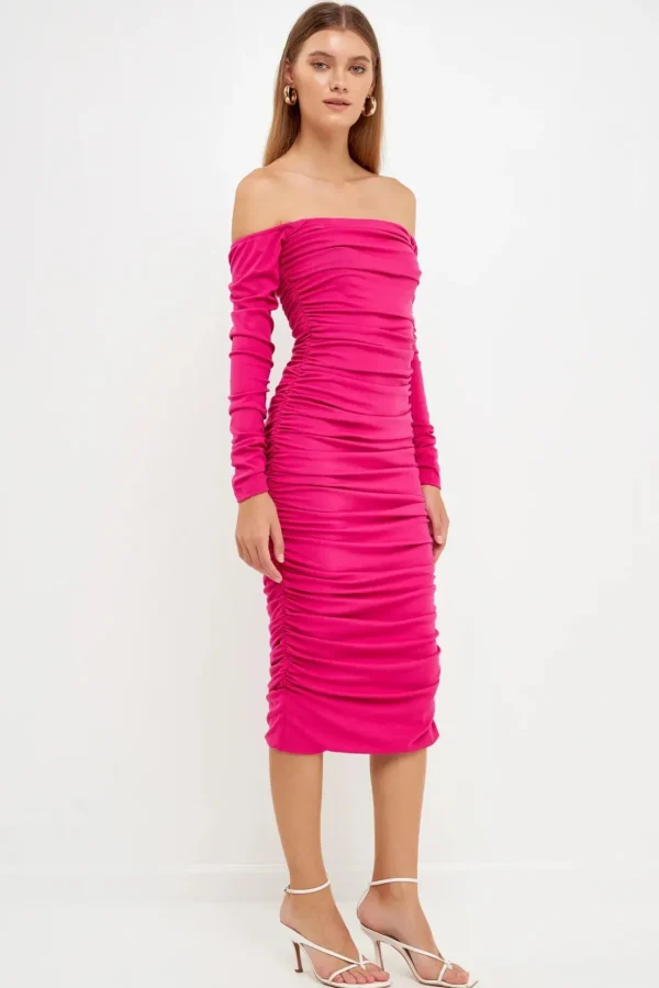 ENDLESS ROSE Bodycon Dresses | Tops*- Off-The-Shoulder Ruched Midi Dress FUCHSIA