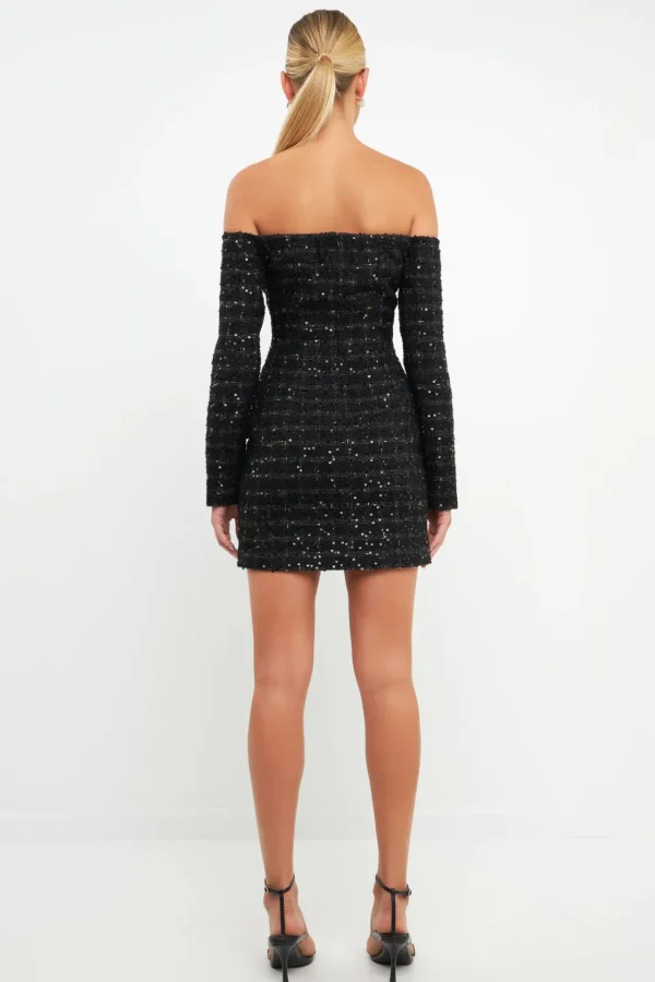 ENDLESS ROSE Tweed Dresses | Tops*- Off-The-Shoulder Tweed Mini Dress BLACK