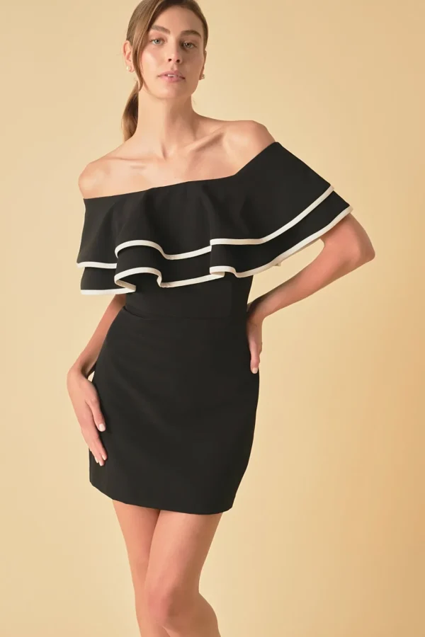 ENDLESS ROSE Sweaters & Knits | Tops*- Off-The-Shoulder Ruffle Mini Dress BLACK/WHITE