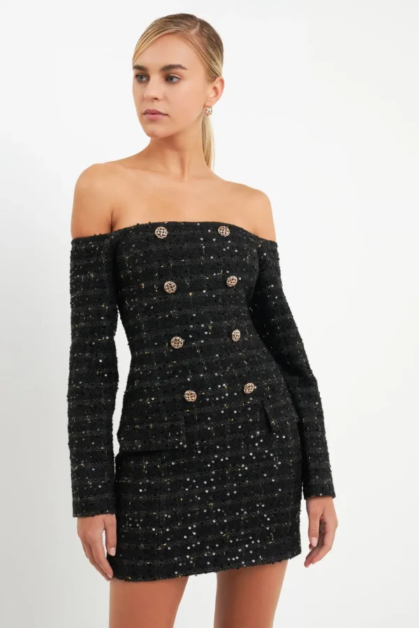 ENDLESS ROSE Tweed Dresses | Tops*- Off-The-Shoulder Tweed Mini Dress BLACK