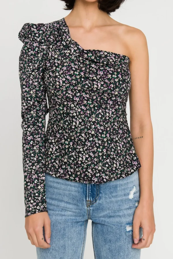 ENDLESS ROSE Tops*- One Shoulder Sleeve Woven Blouse BLACKMULTI