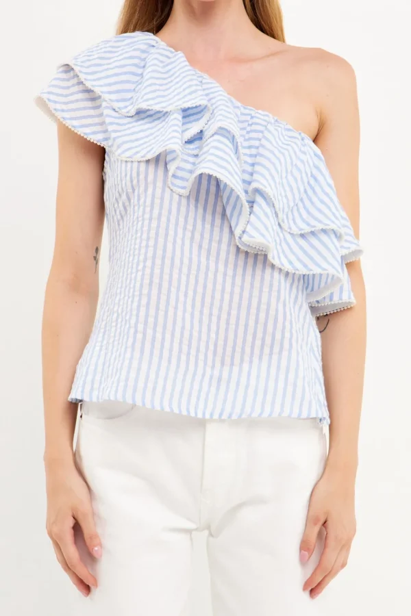 ENDLESS ROSE Tops*- One Shoulder Stripe Top BLUEMULTI