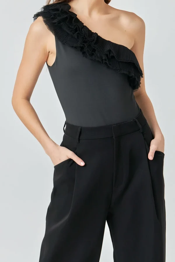 ENDLESS ROSE Tops*- One Shoulder Ruffled Asymmetrical Bodysuit BLACK