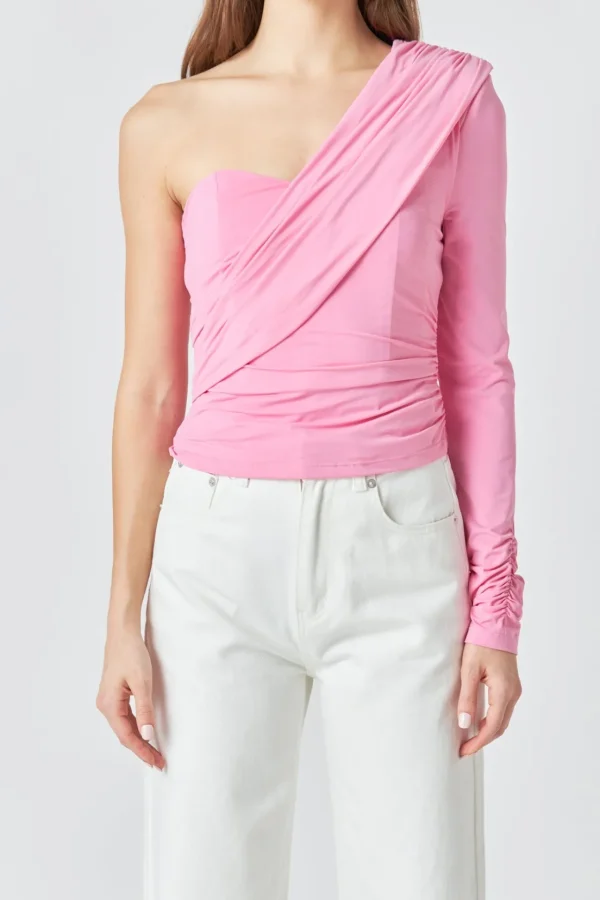 ENDLESS ROSE Tops*- One Shoulder Shirred Knit Top PINK