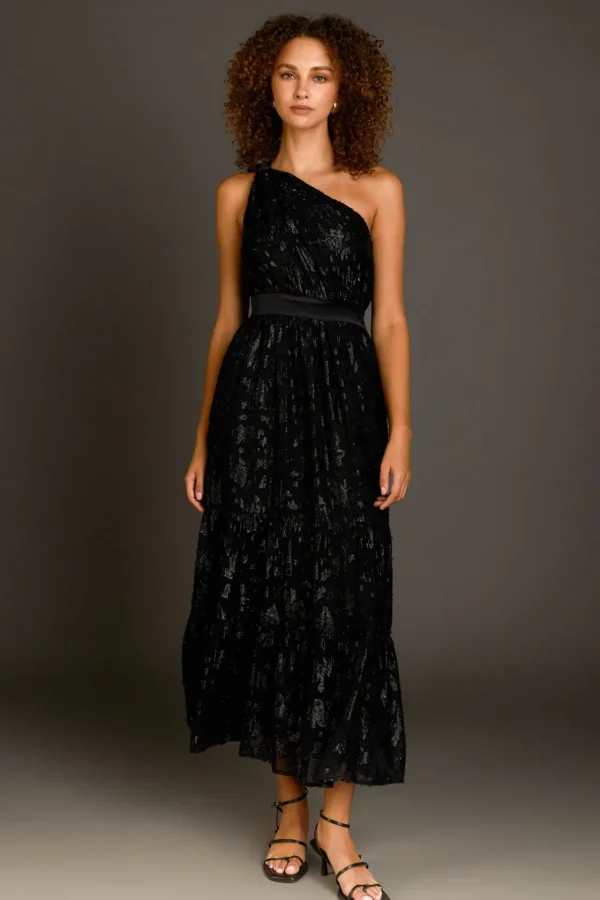 ENDLESS ROSE One Shoulder | Tops*- One Shoulder Chiffon Maxi Dress BLACK