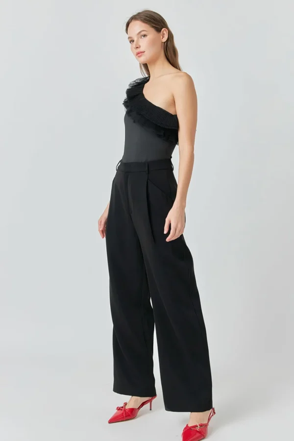 ENDLESS ROSE Tops*- One Shoulder Ruffled Asymmetrical Bodysuit BLACK