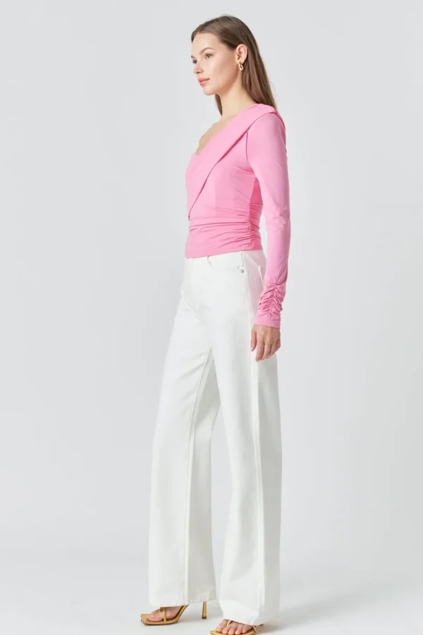 ENDLESS ROSE Tops*- One Shoulder Shirred Knit Top PINK