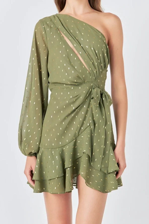 ENDLESS ROSE One Shoulder | Tops*- One Shoulder Long Sleeves Polka Dot Chiffon Mini Dress
