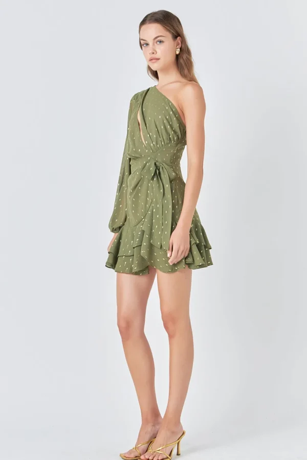 ENDLESS ROSE One Shoulder | Tops*- One Shoulder Long Sleeves Polka Dot Chiffon Mini Dress