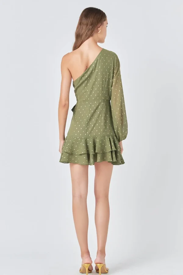 ENDLESS ROSE One Shoulder | Tops*- One Shoulder Long Sleeves Polka Dot Chiffon Mini Dress
