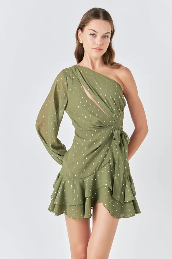 ENDLESS ROSE One Shoulder | Tops*- One Shoulder Long Sleeves Polka Dot Chiffon Mini Dress