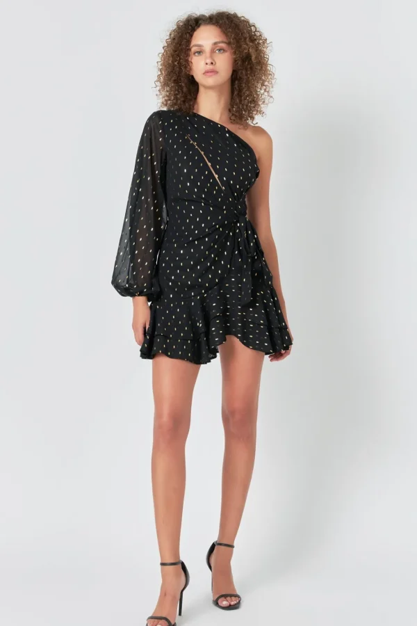 ENDLESS ROSE One Shoulder | Tops*- One Shoulder Long Sleeves Polka Dot Chiffon Mini Dress