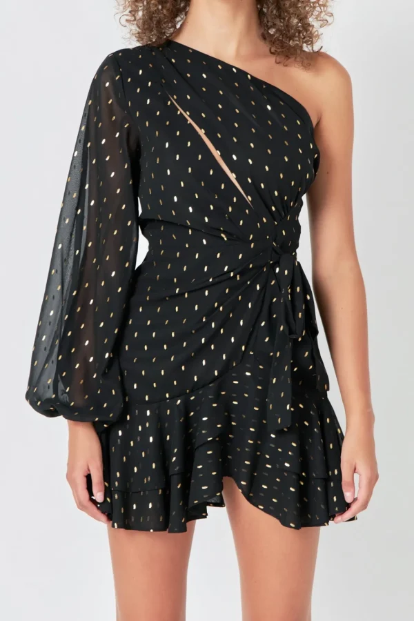 ENDLESS ROSE One Shoulder | Tops*- One Shoulder Long Sleeves Polka Dot Chiffon Mini Dress