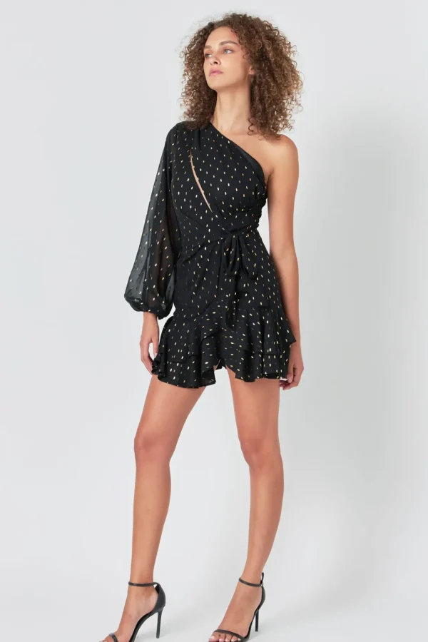 ENDLESS ROSE One Shoulder | Tops*- One Shoulder Long Sleeves Polka Dot Chiffon Mini Dress