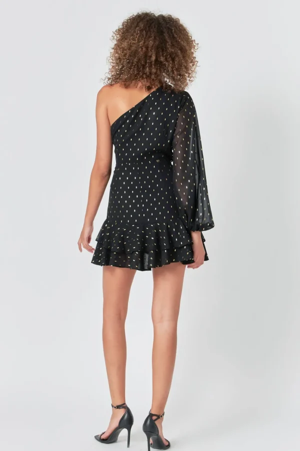 ENDLESS ROSE One Shoulder | Tops*- One Shoulder Long Sleeves Polka Dot Chiffon Mini Dress