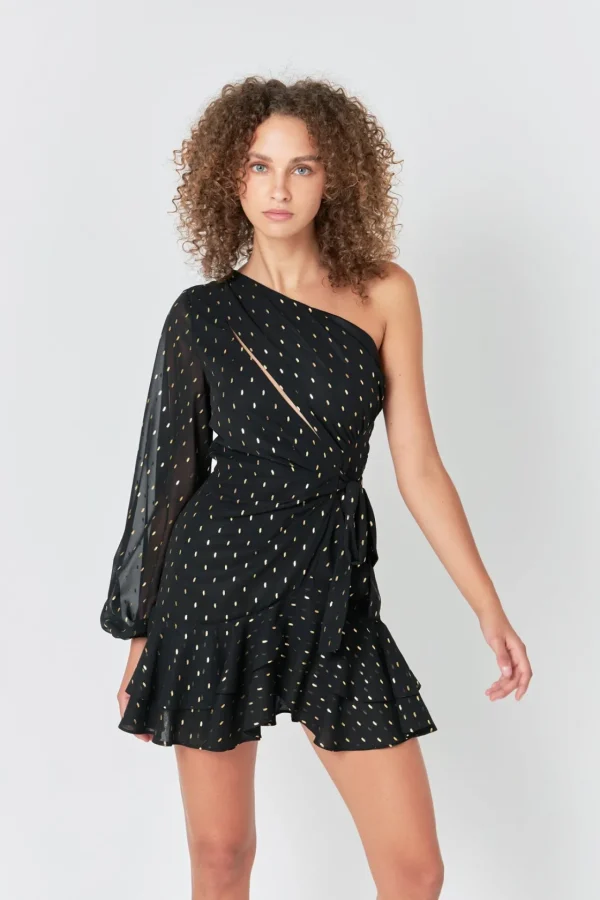 ENDLESS ROSE One Shoulder | Tops*- One Shoulder Long Sleeves Polka Dot Chiffon Mini Dress