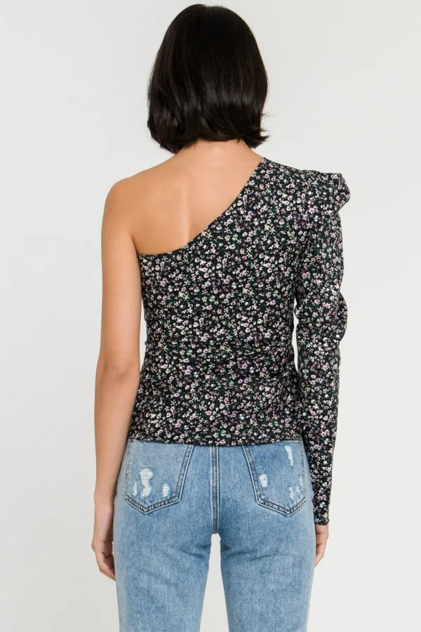 ENDLESS ROSE Tops*- One Shoulder Sleeve Woven Blouse BLACKMULTI