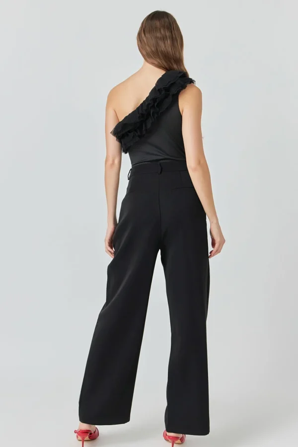 ENDLESS ROSE Tops*- One Shoulder Ruffled Asymmetrical Bodysuit BLACK