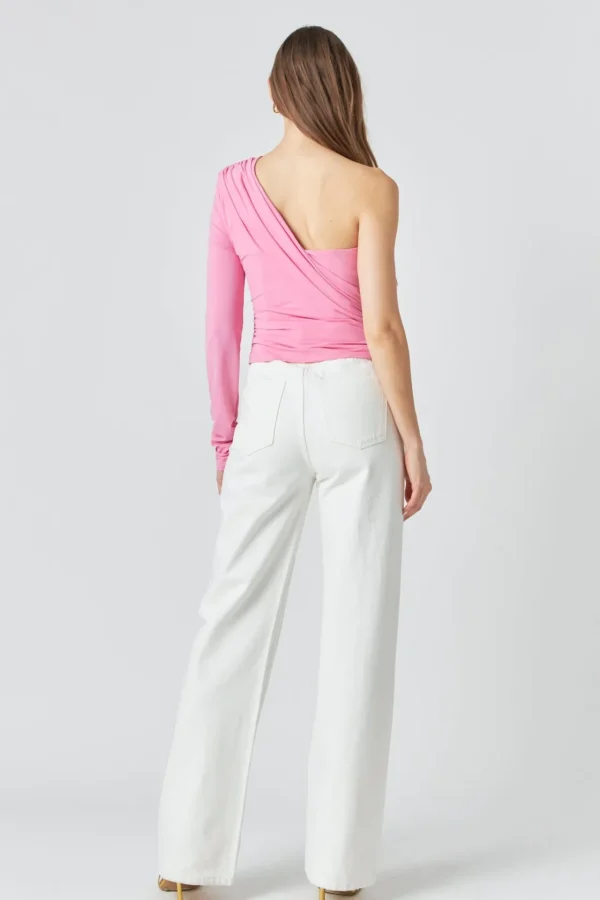ENDLESS ROSE Tops*- One Shoulder Shirred Knit Top PINK