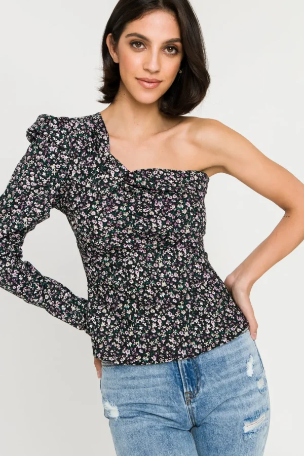 ENDLESS ROSE Tops*- One Shoulder Sleeve Woven Blouse BLACKMULTI