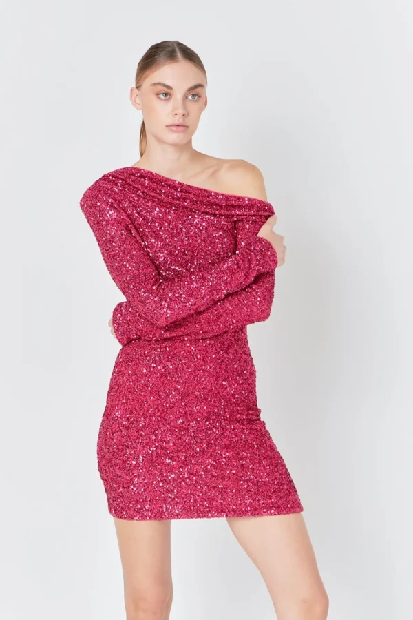 ENDLESS ROSE One Shoulder | Tops*- One Shoulder Sequins Dress BERRY