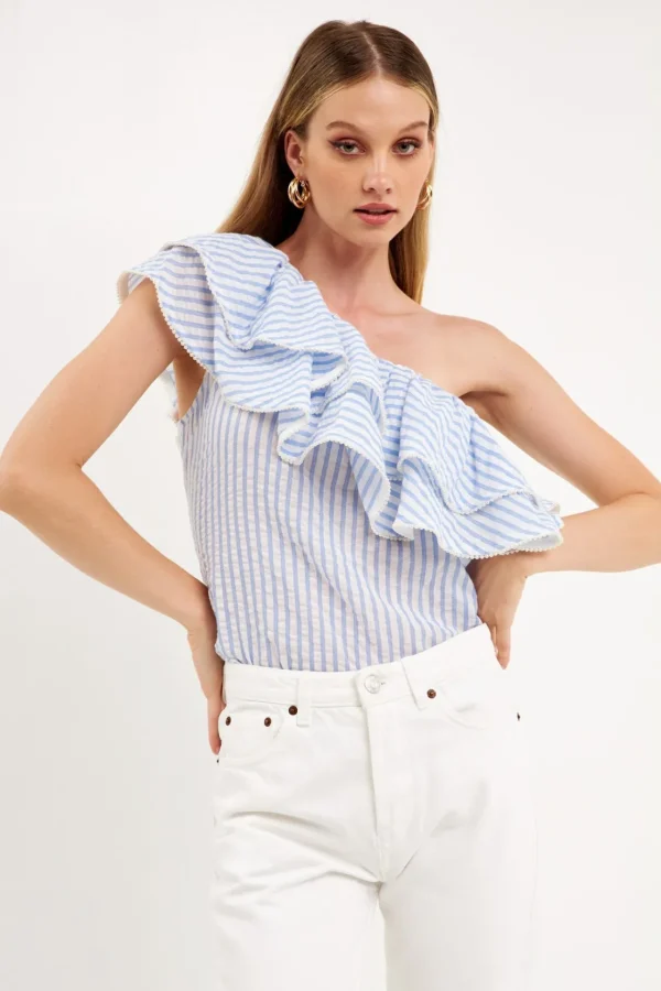 ENDLESS ROSE Tops*- One Shoulder Stripe Top BLUEMULTI