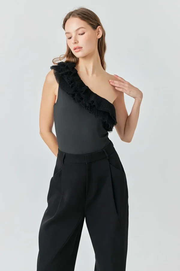 ENDLESS ROSE Tops*- One Shoulder Ruffled Asymmetrical Bodysuit BLACK