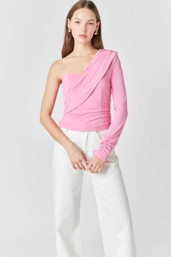 ENDLESS ROSE Tops*- One Shoulder Shirred Knit Top PINK