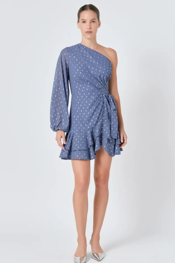 ENDLESS ROSE One Shoulder | Tops*- One Shoulder Long Sleeves Polka Dot Chiffon Mini Dress