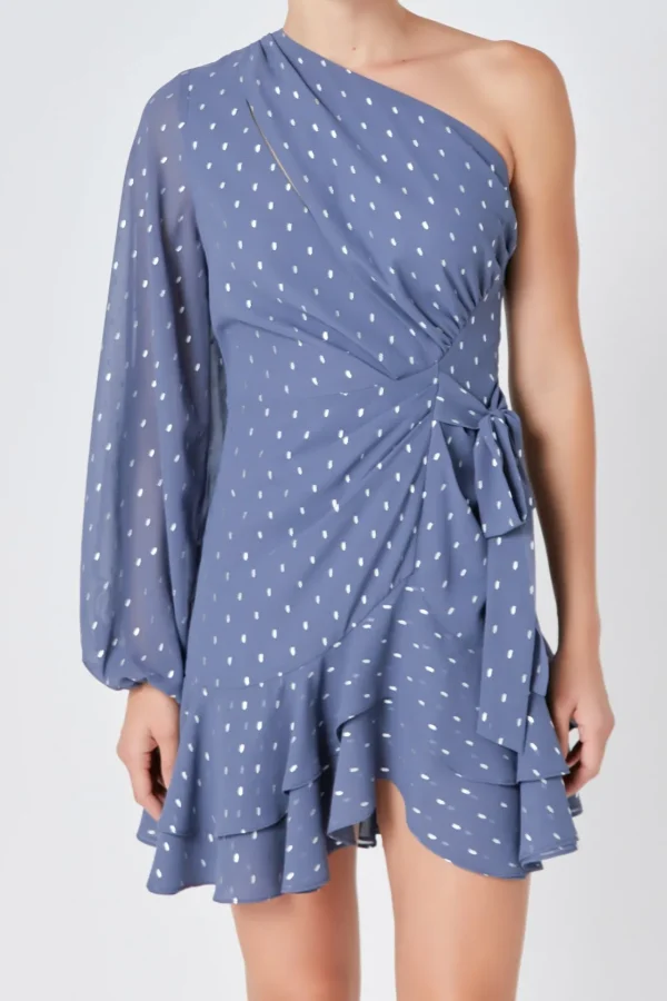 ENDLESS ROSE One Shoulder | Tops*- One Shoulder Long Sleeves Polka Dot Chiffon Mini Dress