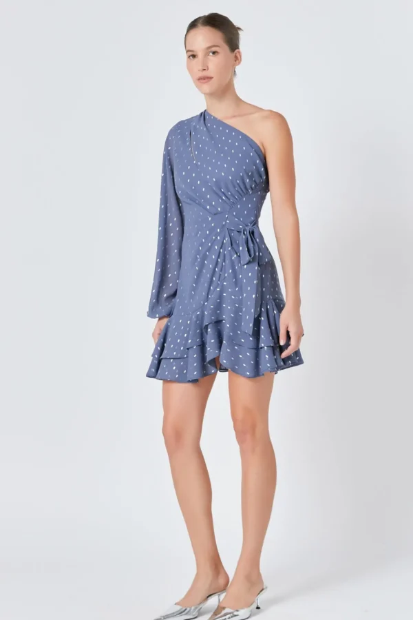 ENDLESS ROSE One Shoulder | Tops*- One Shoulder Long Sleeves Polka Dot Chiffon Mini Dress