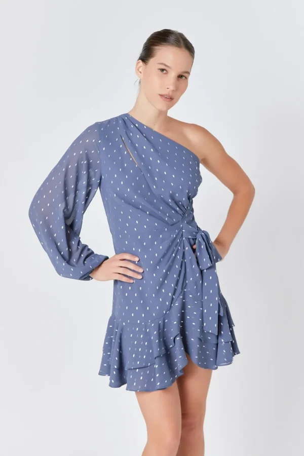ENDLESS ROSE One Shoulder | Tops*- One Shoulder Long Sleeves Polka Dot Chiffon Mini Dress