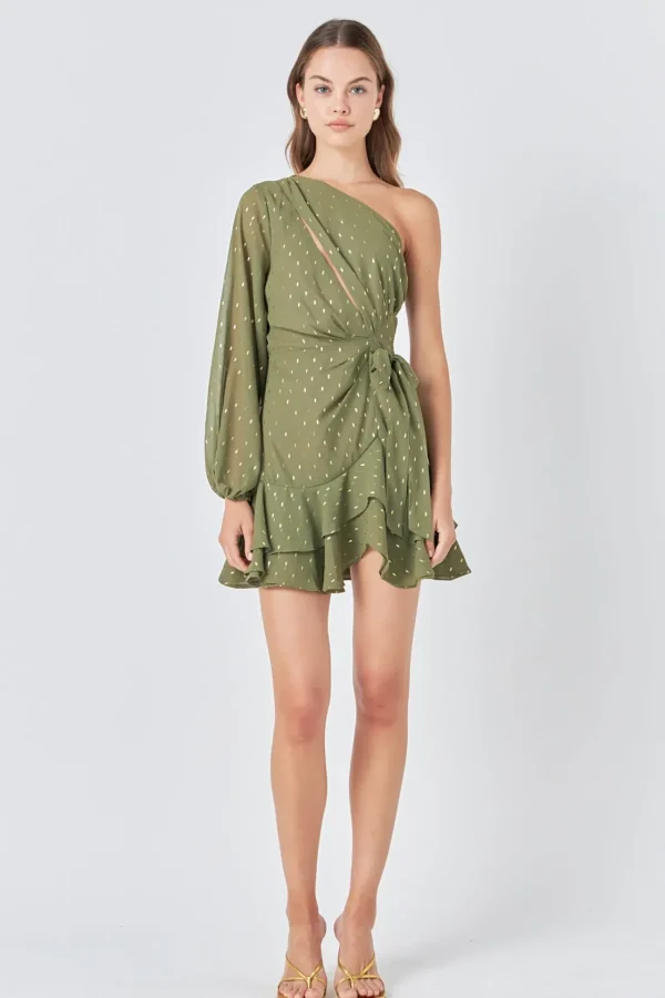 ENDLESS ROSE One Shoulder | Tops*- One Shoulder Long Sleeves Polka Dot Chiffon Mini Dress