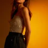 ENDLESS ROSE Tops*- One Sleeve Sequin Crop Top IVORY