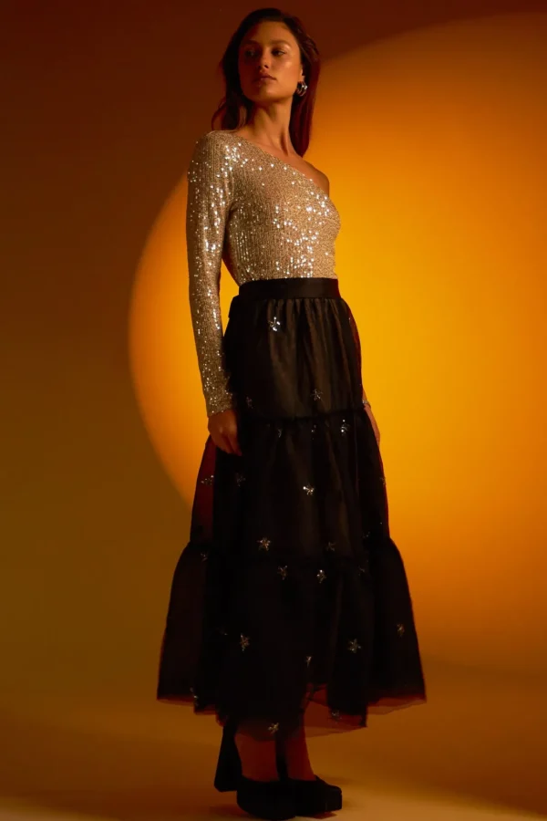 ENDLESS ROSE Tops*- One Sleeve Sequin Crop Top IVORY