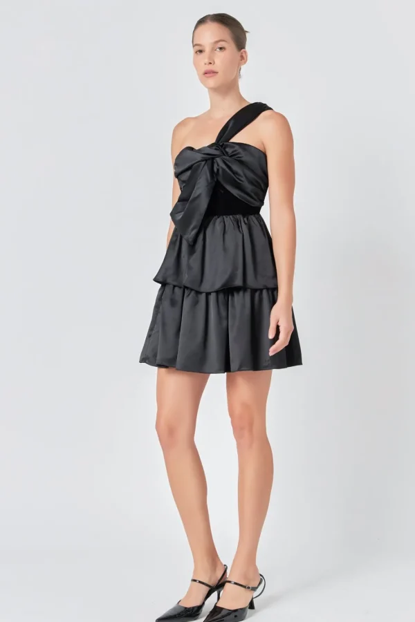 ENDLESS ROSE One Shoulder | Little Black Dress*- One-Shoulder Satin Mini Dress BLACK