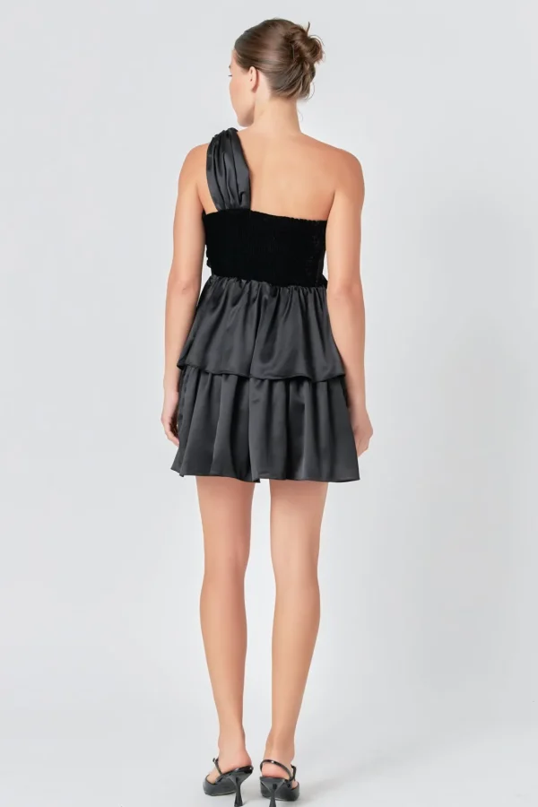 ENDLESS ROSE One Shoulder | Little Black Dress*- One-Shoulder Satin Mini Dress BLACK