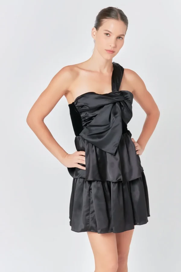 ENDLESS ROSE One Shoulder | Little Black Dress*- One-Shoulder Satin Mini Dress BLACK