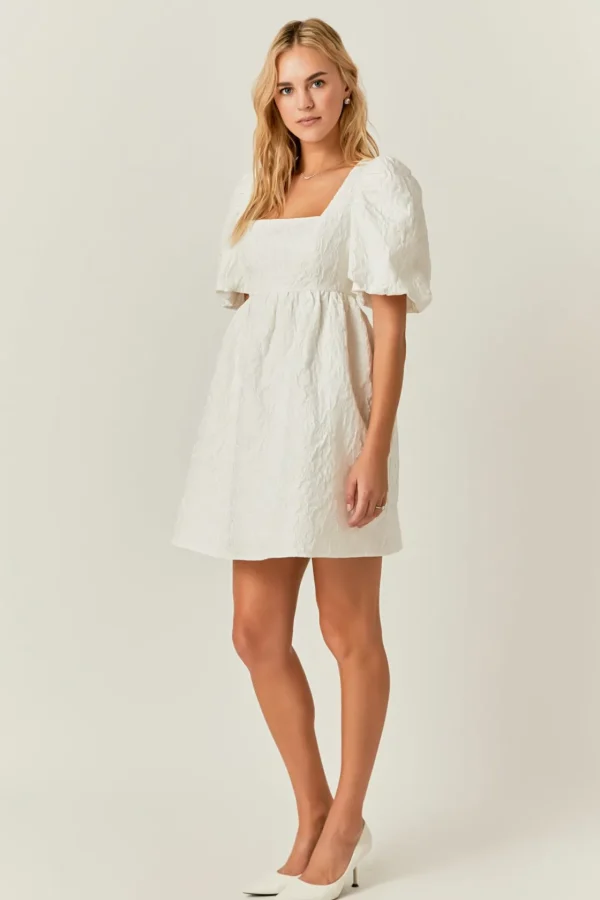 ENDLESS ROSE White Dresses | Tops*- Open Back Floral Jacquard Puff Dress WHITE