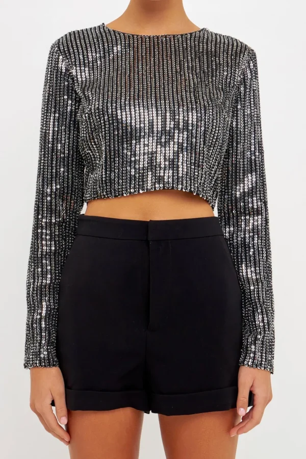 ENDLESS ROSE Tops*- Open Back Sequin Top BLACK