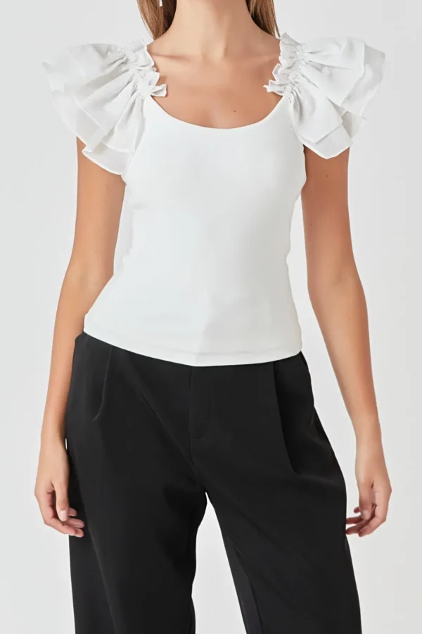 ENDLESS ROSE Tops*- Organza Ruffle with Knit Top