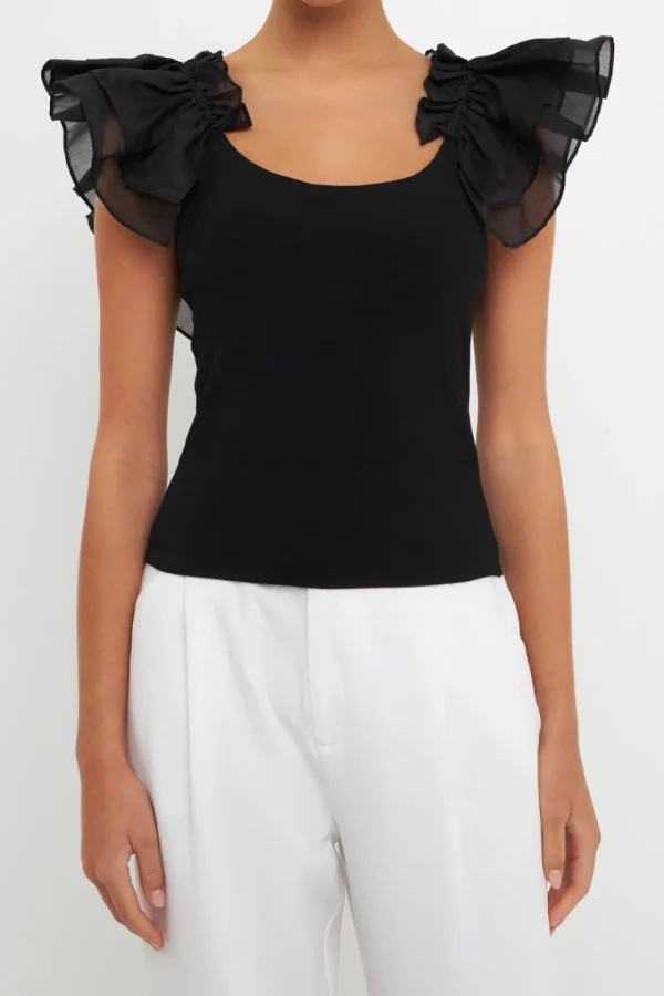 ENDLESS ROSE Tops*- Organza Ruffle with Knit Top