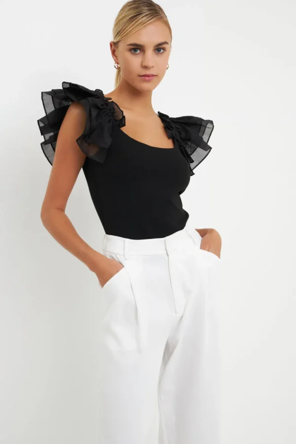 ENDLESS ROSE Tops*- Organza Ruffle with Knit Top