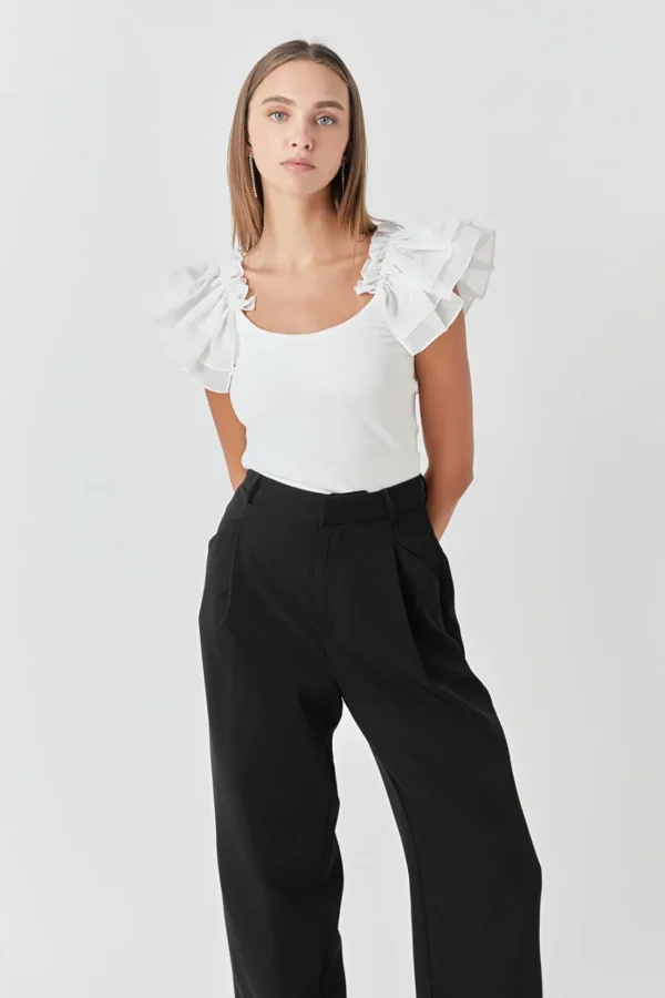 ENDLESS ROSE Tops*- Organza Ruffle with Knit Top
