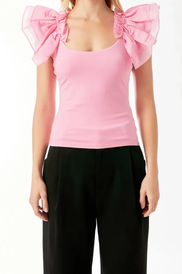 ENDLESS ROSE Tops*- Organza Ruffle with Knit Top