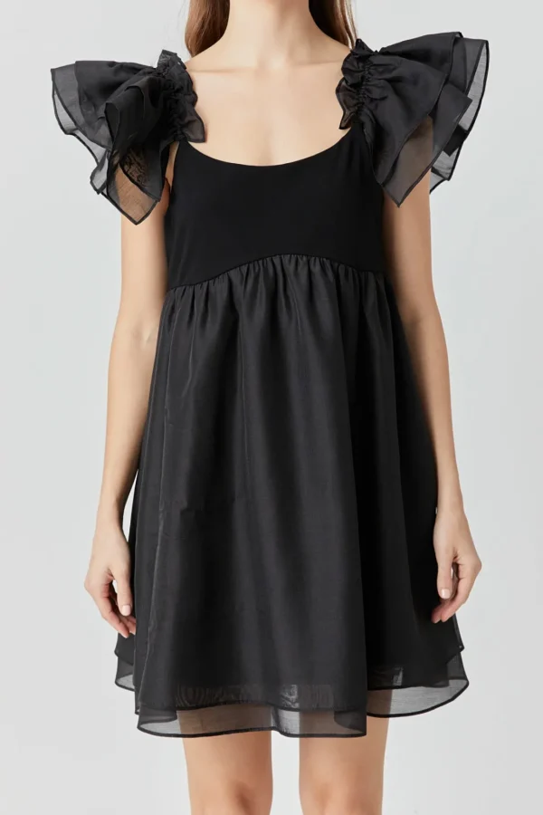 ENDLESS ROSE Tops*- Organza Sleeve Mini Dress BLACK