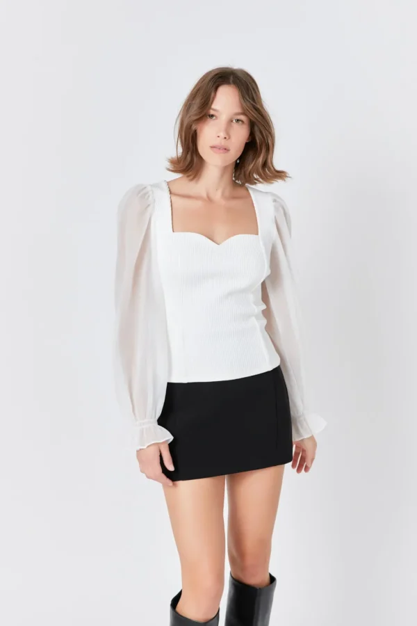 ENDLESS ROSE Tops*- Organza Sleeve Knit Top