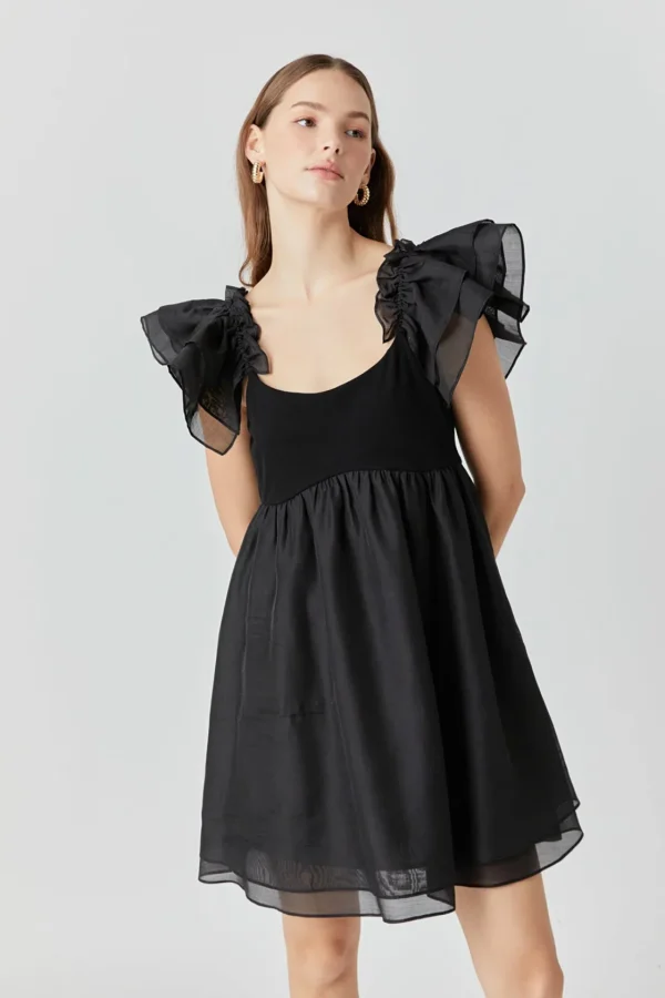 ENDLESS ROSE Tops*- Organza Sleeve Mini Dress BLACK